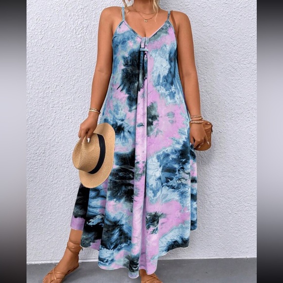 Boho Plus Size Tie Dye Ombre Print Asymmetrical Hem Cami Tank Top Maxi Dress - Picture 3 of 3
